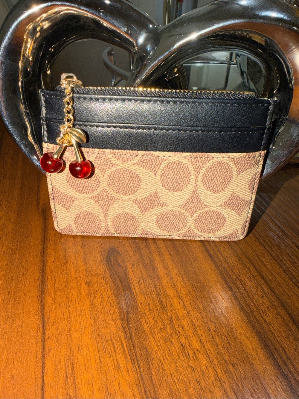 Coach Signature Canvas Card Case with Cherry Charm - Brown/Black/Red